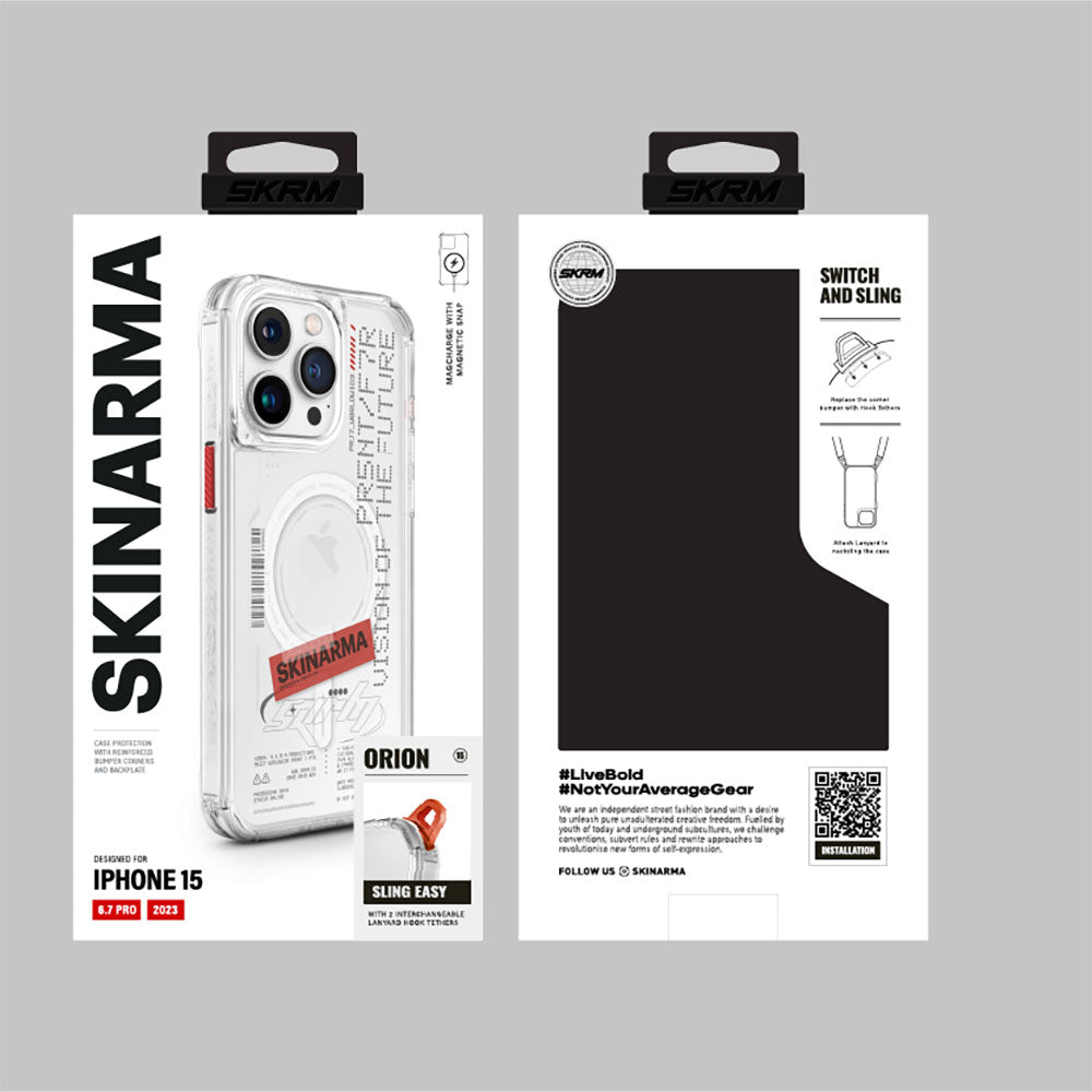 Apple iPhone 15 Pro Max Case SkinArma M-safe Charging Feature Text Patterned Airbag Design Orion Cover Colorless