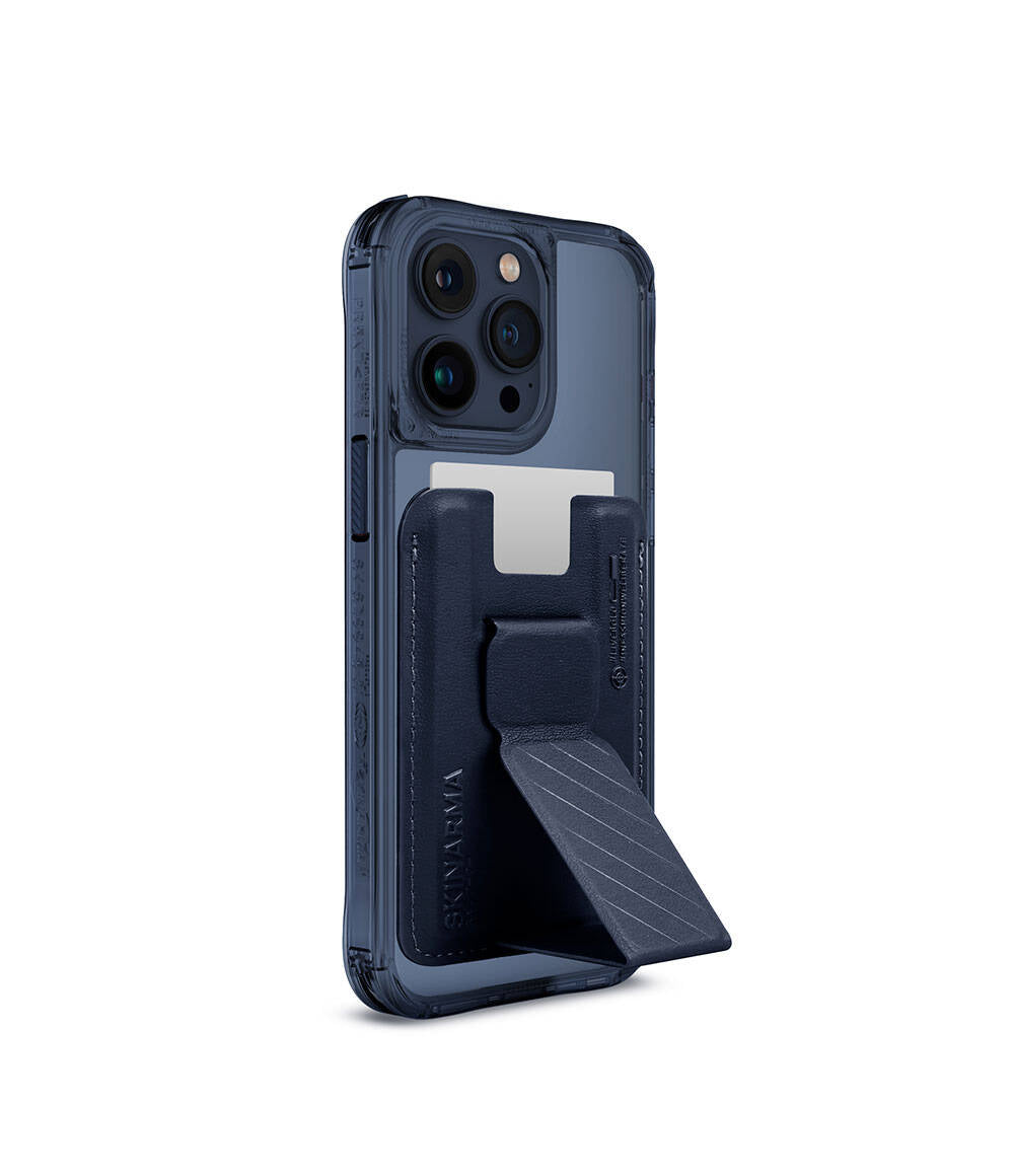 Apple iPhone 15 Pro Max Case SkinArma Transparent M-safe Charging Feature Kado Card Holder Saido Cover Blue