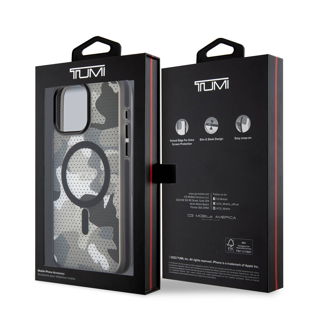 Apple iPhone 15 Pro Max Kılıf TUMI Orjinal Lisanslı M-safe Şarj Özellikli Buzlanmış Saydam Ağ Kamuflajı Desenli Kapak Siyah