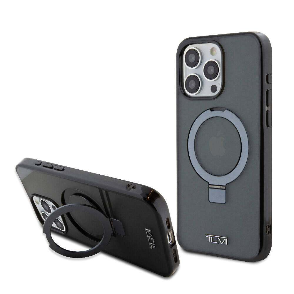 Apple iPhone 15 Pro Max Kılıf TUMI Orjinal Lisanslı M-safe Şarj Özellikli PC TPU Metal Logolu Ring Standlı Kapak Siyah