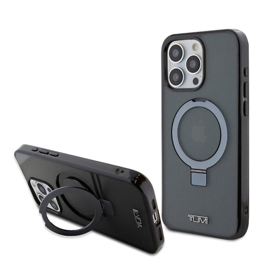 Apple iPhone 15 Pro Max Kılıf TUMI Orjinal Lisanslı M-safe Şarj Özellikli PC TPU Metal Logolu Ring Standlı Kapak Siyah