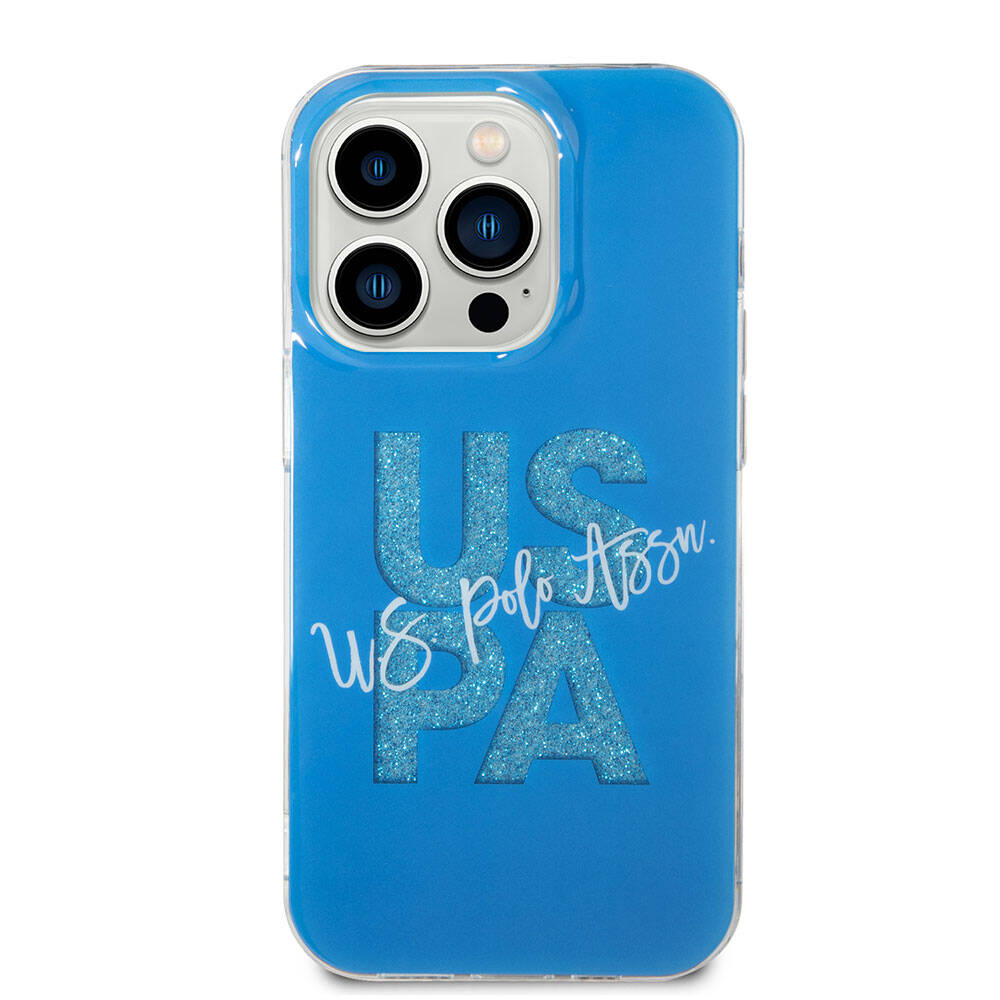 Apple iPhone 15 Pro Max Case US Polo Assn. Original Licensed Glitter Shiny Alphabet Design Cover Blue