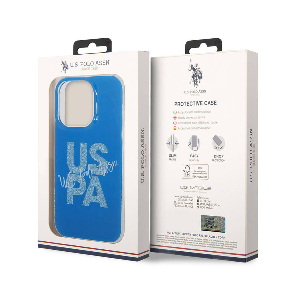 Apple iPhone 15 Pro Max Case US Polo Assn. Original Licensed Glitter Shiny Alphabet Design Cover Navy Blue