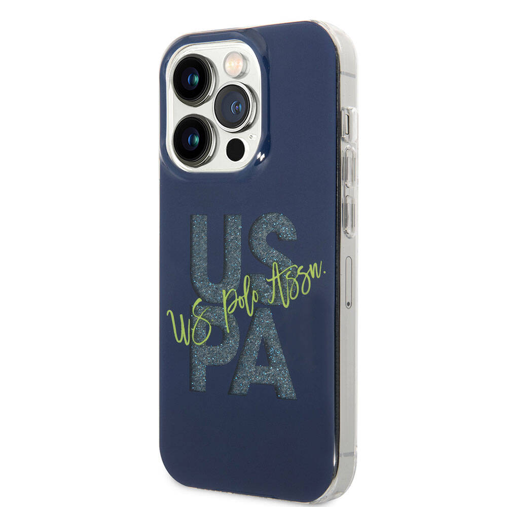 Apple iPhone 15 Pro Max Case US Polo Assn. Original Licensed Glitter Shiny Alphabet Design Cover Navy Blue
