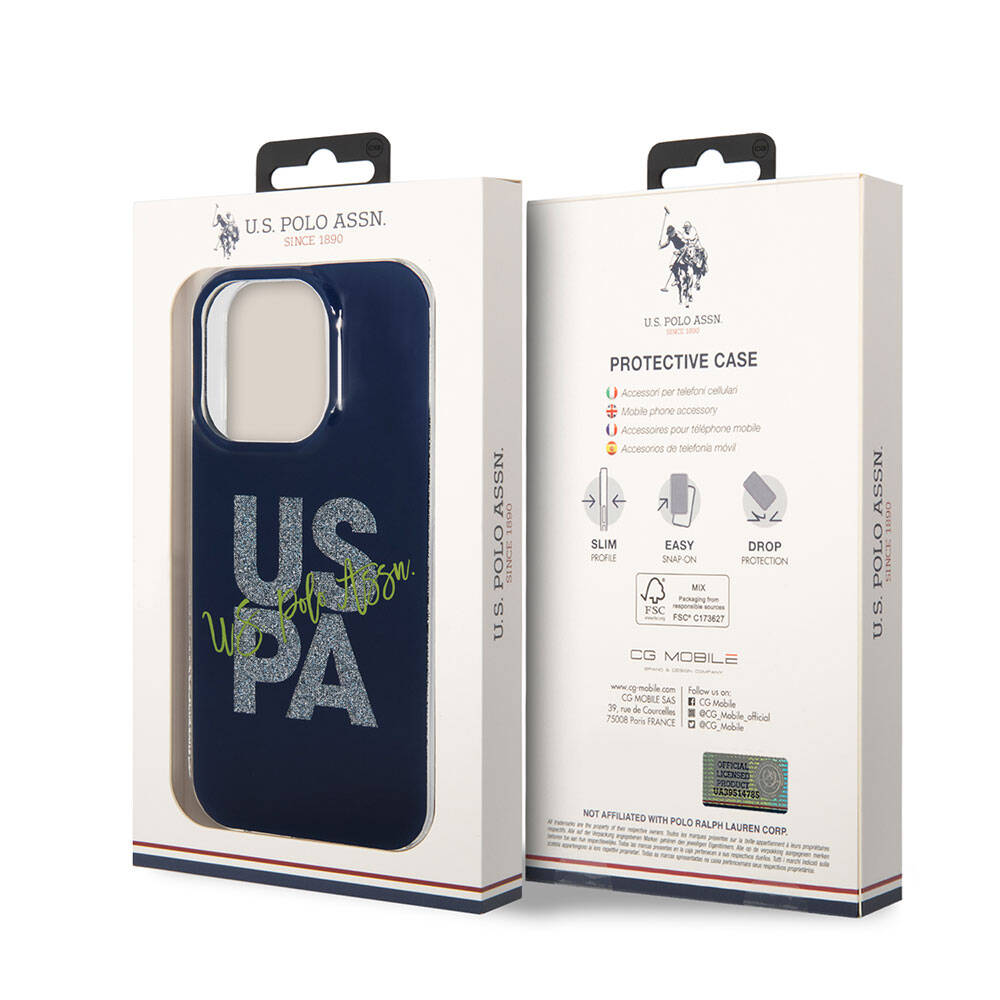 Apple iPhone 15 Pro Max Case US Polo Assn. Original Licensed Glitter Shiny Alphabet Design Cover Navy Blue