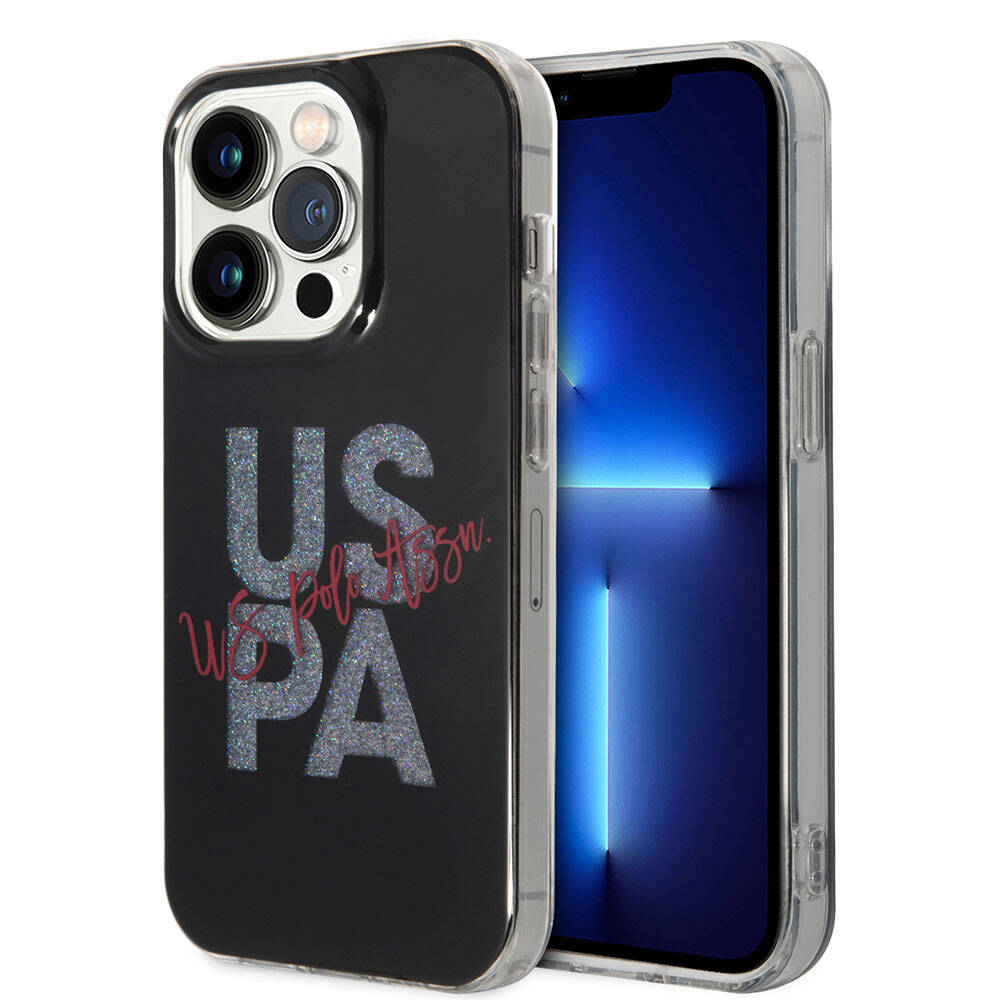 Apple iPhone 15 Pro Max Case US Polo Assn. Original Licensed Glitter Shiny Alphabet Design Cover Black