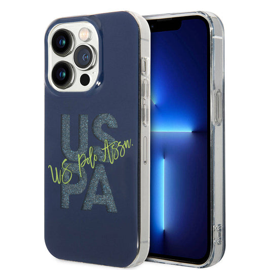 Apple iPhone 15 Pro Max Case US Polo Assn. Original Licensed Glitter Shiny Alphabet Design Cover Navy Blue