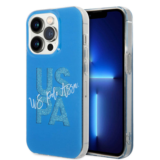 Apple iPhone 15 Pro Max Case US Polo Assn. Original Licensed Glitter Shiny Alphabet Design Cover Blue