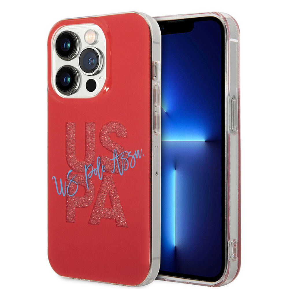 Apple iPhone 15 Pro Max Case US Polo Assn. Original Licensed Glitter Shiny Alphabet Design Cover Red