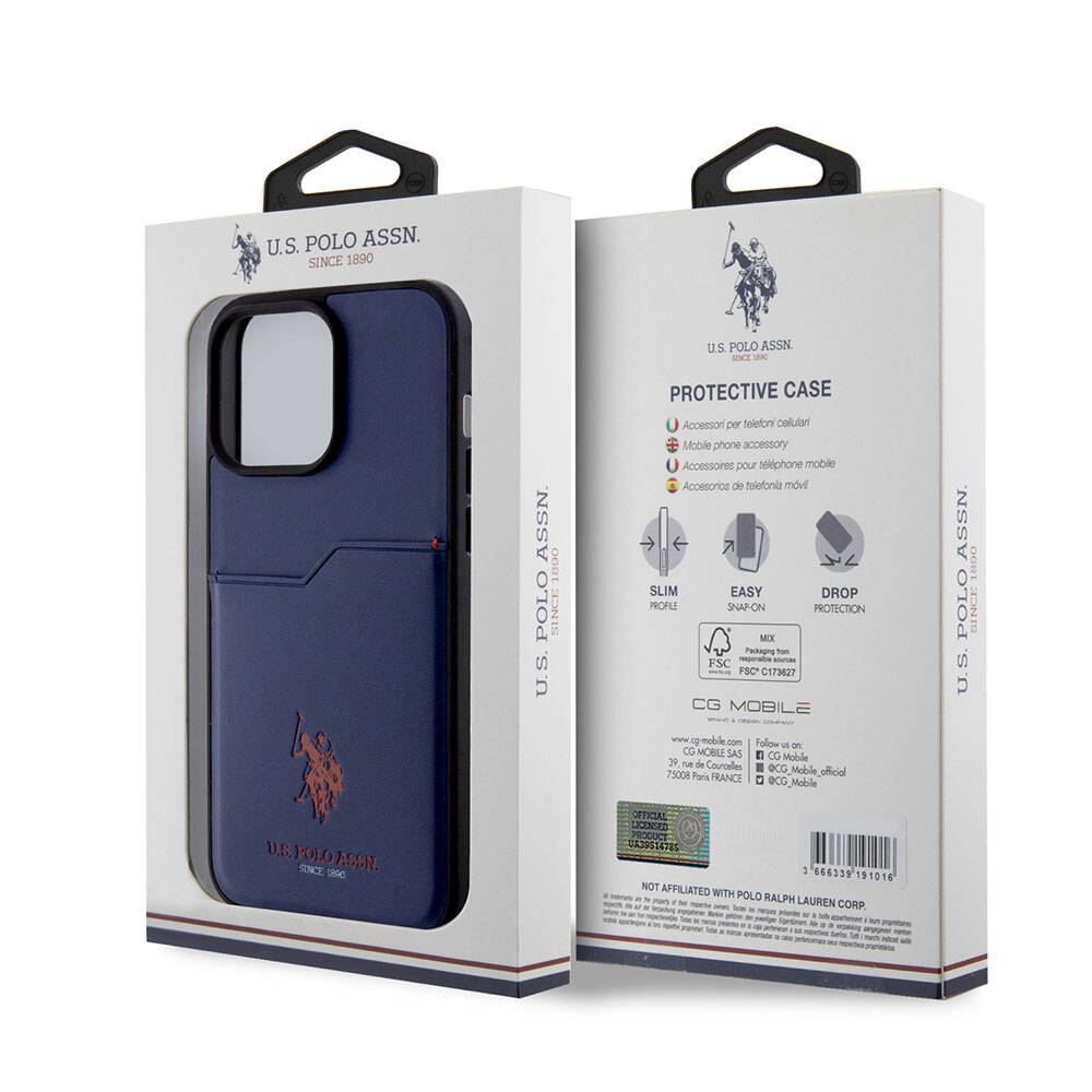 Apple iPhone 15 Pro Max Case US Polo Assn. Original Licensed Print Logo PU Card Holder Cover Navy Blue
