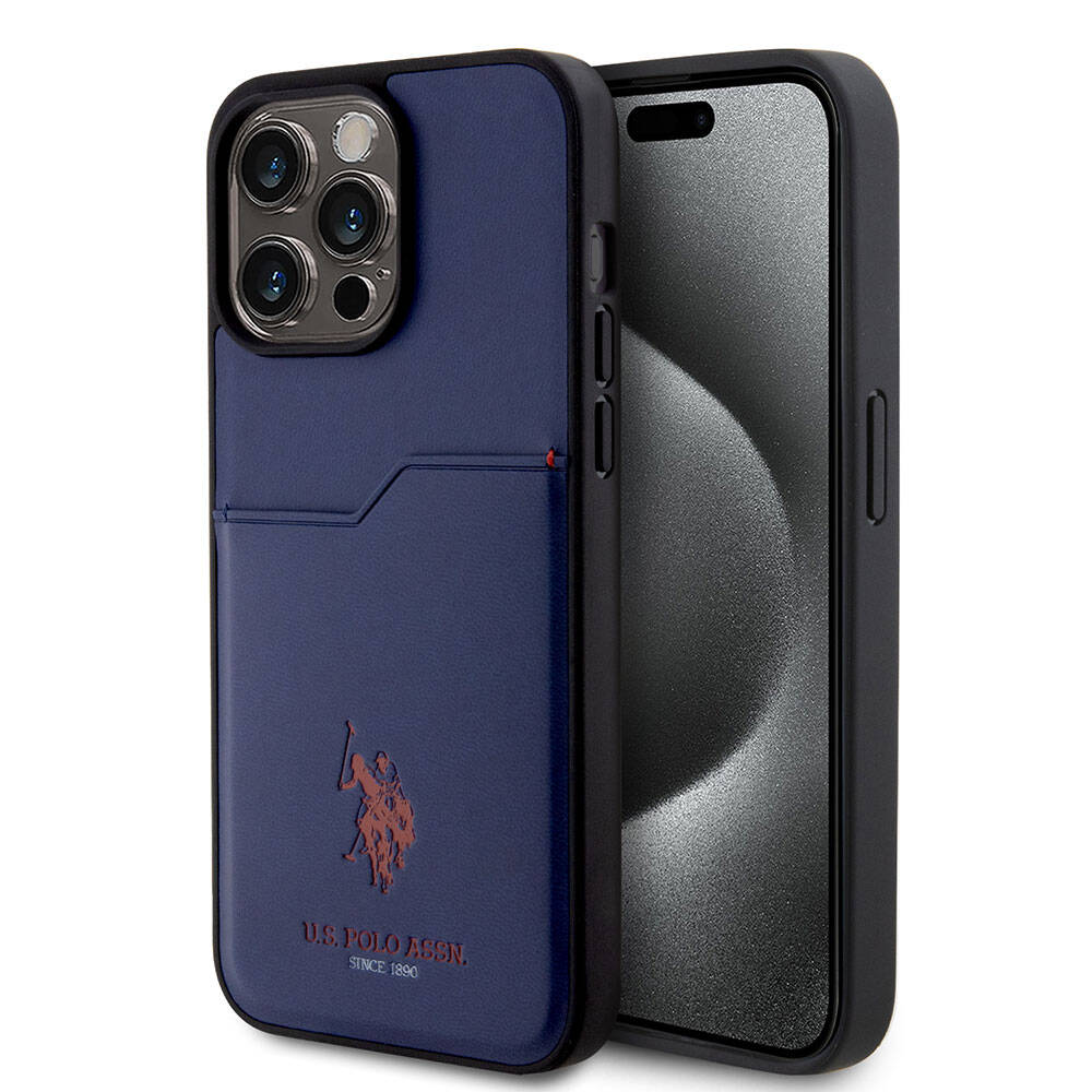 Apple iPhone 15 Pro Max Case US Polo Assn. Original Licensed Print Logo PU Card Holder Cover Navy Blue