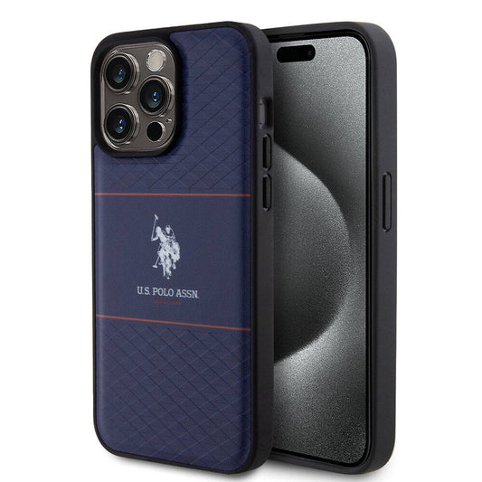 Apple iPhone 15 Pro Max Case US Polo Assn. Original Licensed Leather Stripe Logo Design Cover Navy Blue