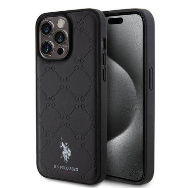 Apple iPhone 15 Pro Max Case US Polo Assn. Original Licensed HS Patterned Print Logo Faux Leather Cover Black