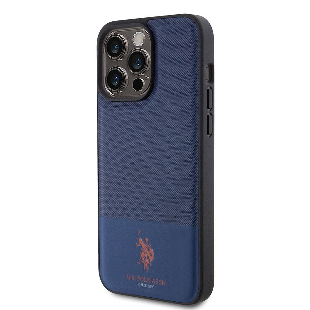 Apple iPhone 15 Pro Max Case US Polo Assn. Original Licensed Faux Leather Back Cover with Printed Logo and Knitted Pattern Navy Blue