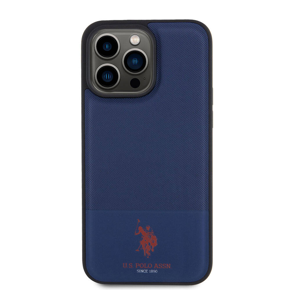 Apple iPhone 15 Pro Max Case US Polo Assn. Original Licensed Faux Leather Back Cover with Printed Logo and Knitted Pattern Navy Blue