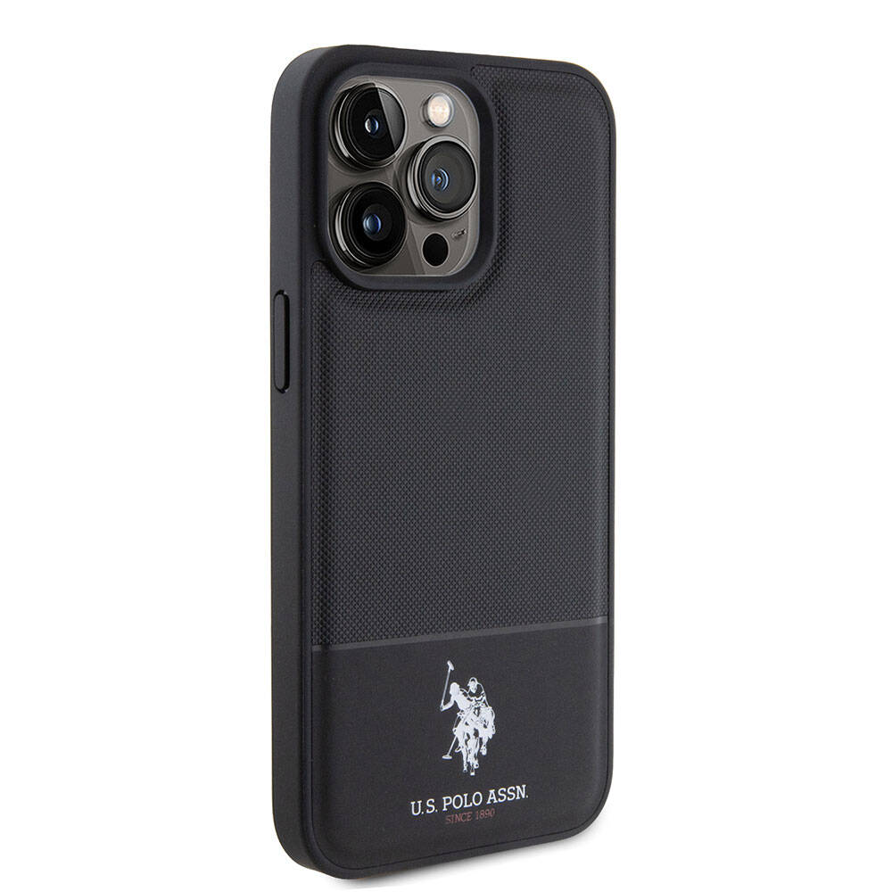 Apple iPhone 15 Pro Max Case US Polo Assn. Original Licensed Faux Leather Back Cover with Printed Logo and Knitted Pattern Navy Blue