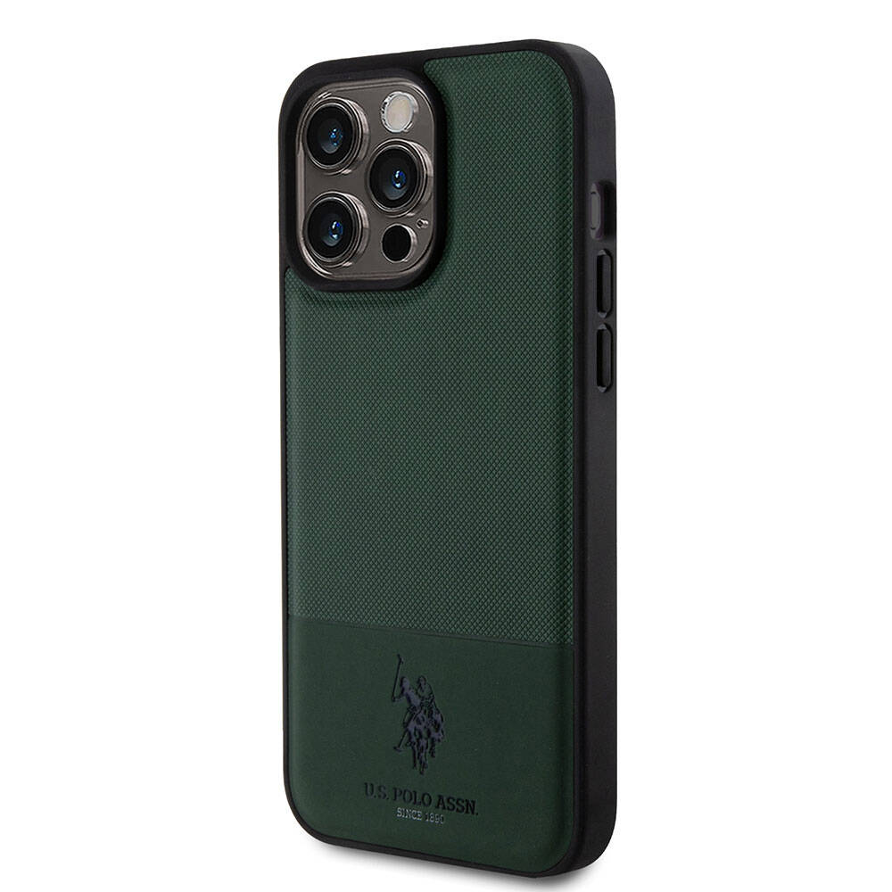 Apple iPhone 15 Pro Max Case US Polo Assn. Original Licensed Faux Leather Back Cover with Printed Logo and Knitted Pattern Navy Blue