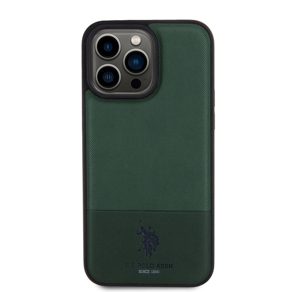 Apple iPhone 15 Pro Max Case US Polo Assn. Original Licensed Faux Leather Back Cover with Printed Logo and Knitted Pattern Navy Blue