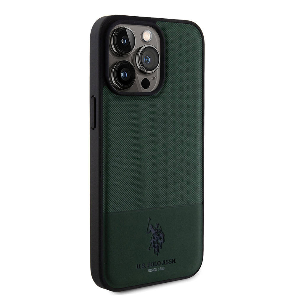 Apple iPhone 15 Pro Max Case US Polo Assn. Original Licensed Faux Leather Back Cover with Printed Logo and Knitted Pattern Green