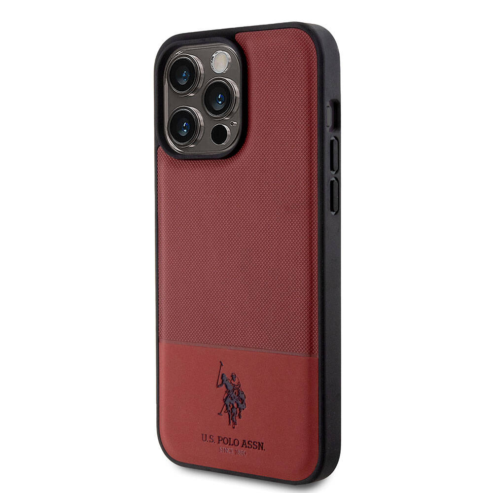 Apple iPhone 15 Pro Max Case US Polo Assn. Original Licensed Faux Leather Back Cover with Printed Logo and Knitted Pattern Red