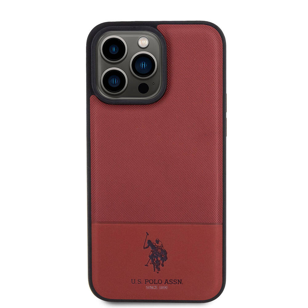 Apple iPhone 15 Pro Max Case US Polo Assn. Original Licensed Faux Leather Back Cover with Printed Logo and Knitted Pattern Red