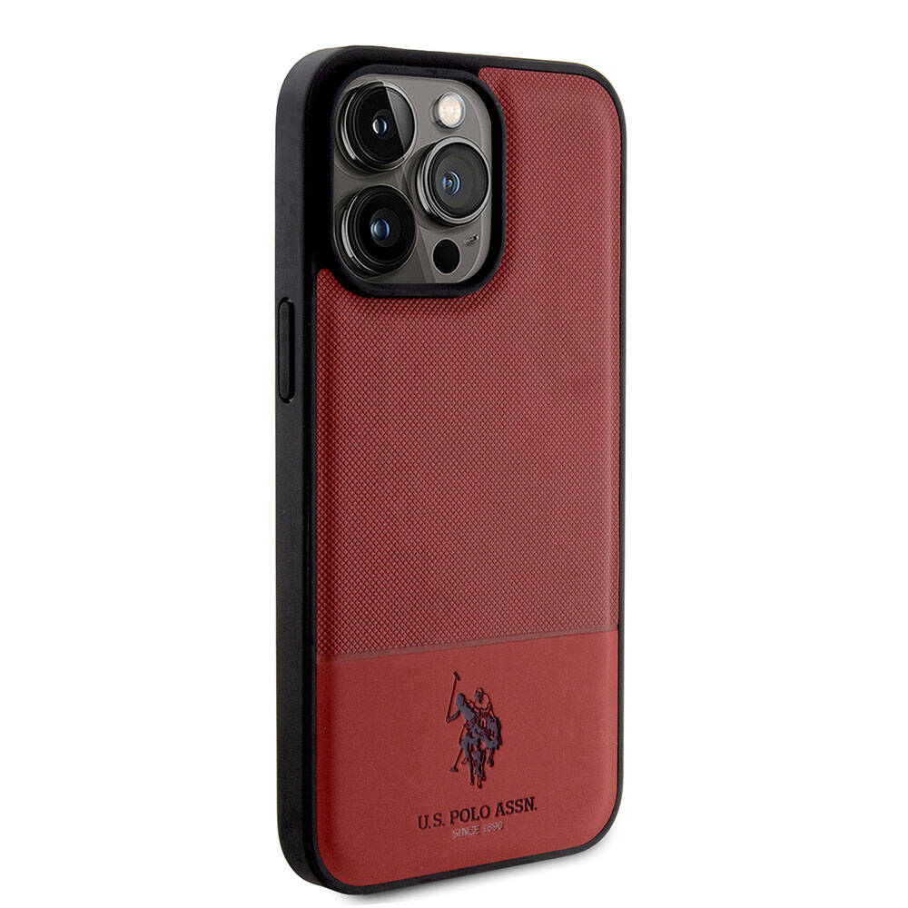 Apple iPhone 15 Pro Max Case US Polo Assn. Original Licensed Faux Leather Back Cover with Printed Logo and Knitted Pattern Red