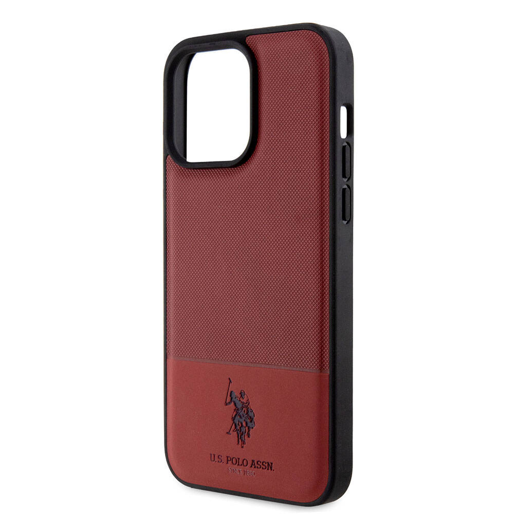 Apple iPhone 15 Pro Max Case US Polo Assn. Original Licensed Faux Leather Back Cover with Printed Logo and Knitted Pattern Navy Blue