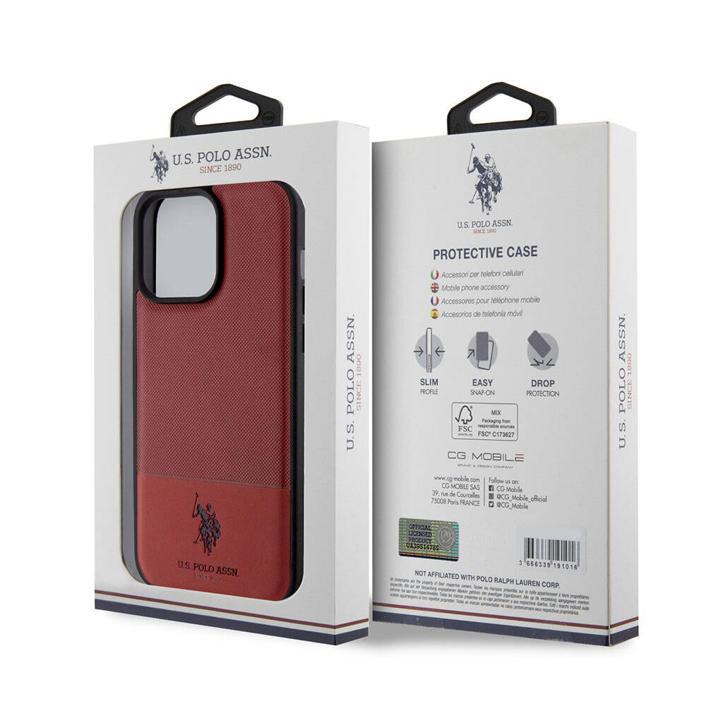 Apple iPhone 15 Pro Max Case US Polo Assn. Original Licensed Faux Leather Back Cover with Printed Logo and Knitted Pattern Red