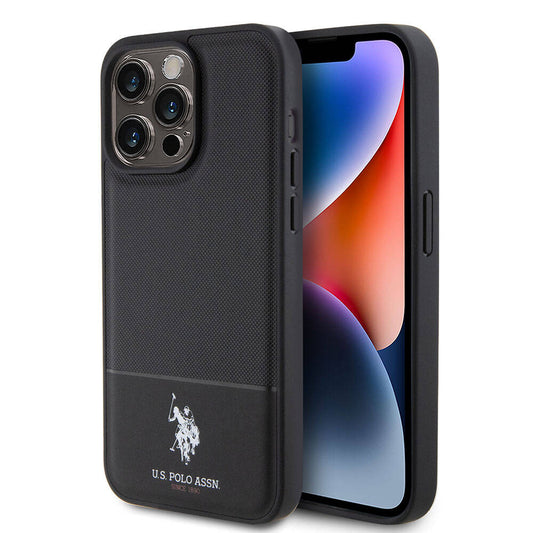 Apple iPhone 15 Pro Max Case US Polo Assn. Original Licensed Faux Leather Back Cover with Printed Logo and Knitted Pattern Black