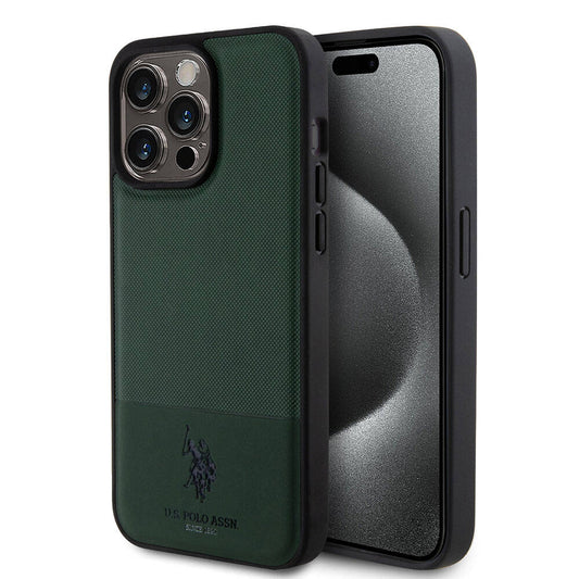 Apple iPhone 15 Pro Max Case US Polo Assn. Original Licensed Faux Leather Back Cover with Printed Logo and Knitted Pattern Green