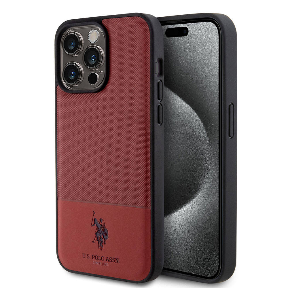 Apple iPhone 15 Pro Max Case US Polo Assn. Original Licensed Faux Leather Back Cover with Printed Logo and Knitted Pattern Red