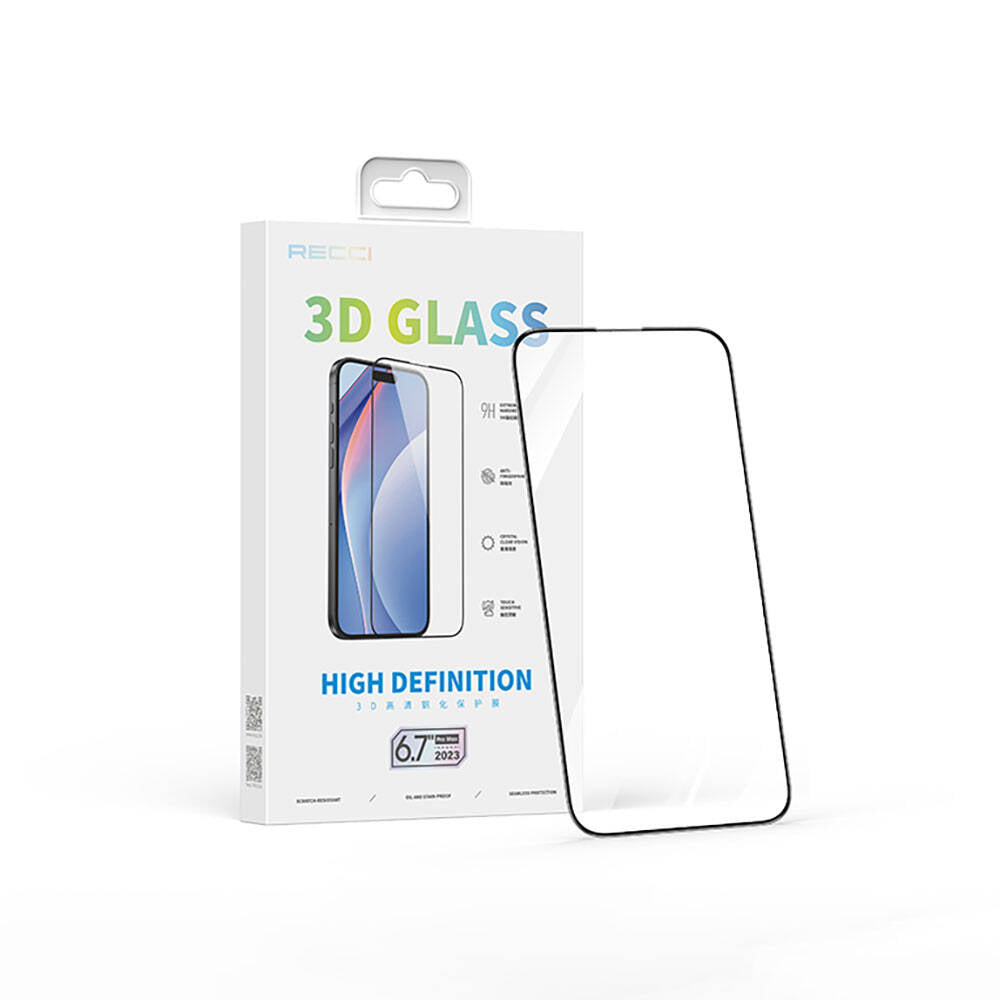 Apple iPhone 15 Pro Max Recci RSP-A05SD 3D HD Full Transparent Tempered Glass Screen Protector Black
