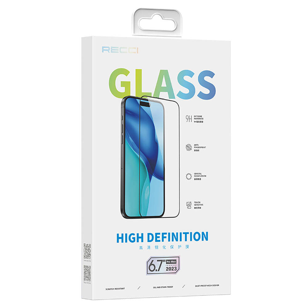Apple iPhone 15 Pro Max Recci RSP-A23HD Full Transparent Tempered Glass Screen Protector Black