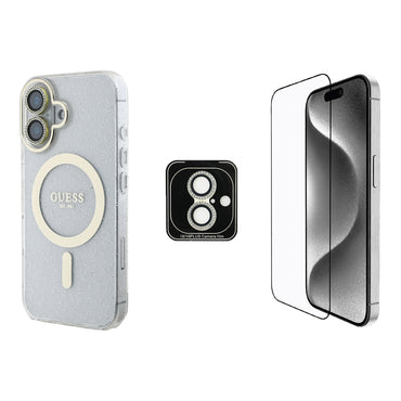 Apple iPhone 16 Guess Orjinal Lisanslı 3'lü Aksesuar Seti IML Baskılı Simli Glitter Kılıf + Ekran Koruyucu + Lens Koruyucu