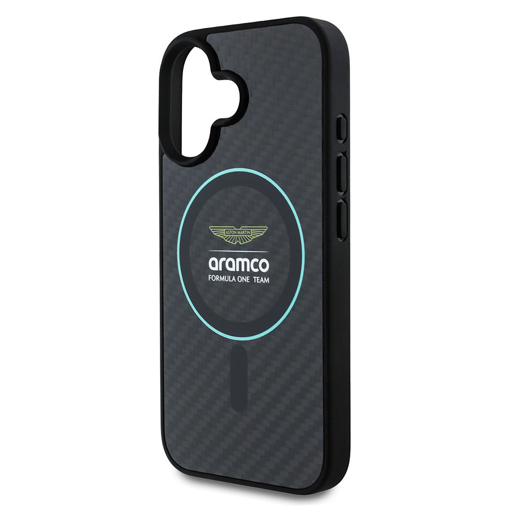 Apple iPhone 16 Case Aston Martin Original Licensed M-Safe Charging Feature Colored Ring and Carbon Fiber Design Cover Black-Green