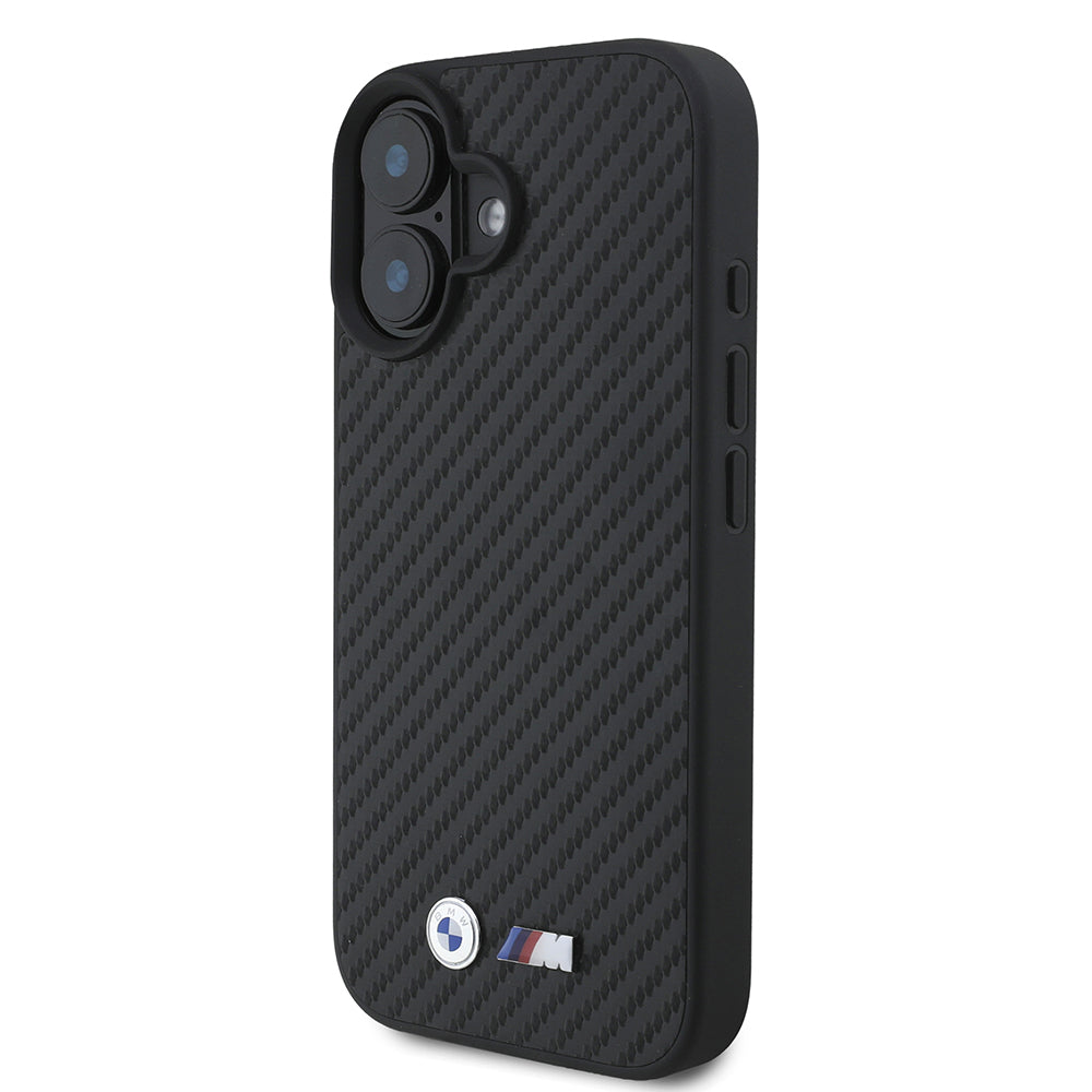 Apple iPhone 16 Kılıf BMW Orjinal Lisanslı Karbon Fiber Tasarımlı ve Metal Logolu PU Deri Kapak Siyah