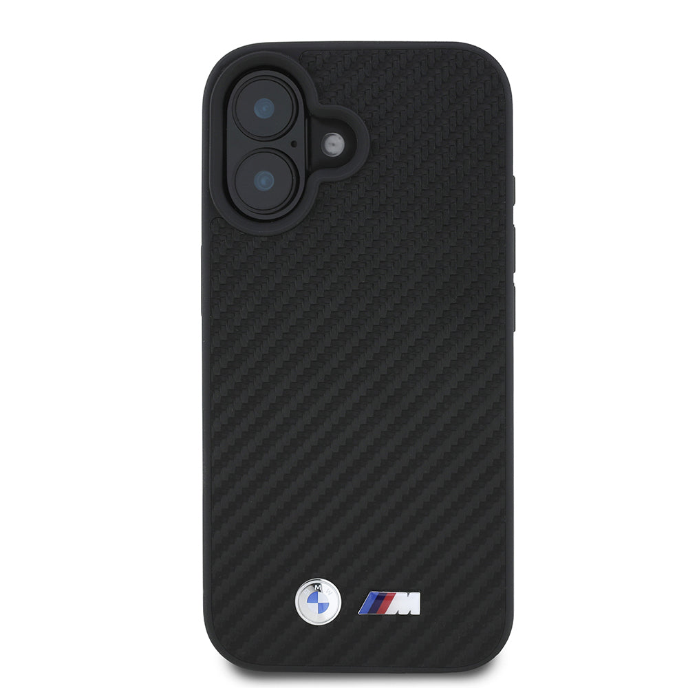 Apple iPhone 16 Kılıf BMW Orjinal Lisanslı Karbon Fiber Tasarımlı ve Metal Logolu PU Deri Kapak Siyah