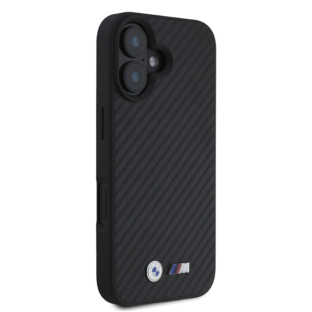 Apple iPhone 16 Kılıf BMW Orjinal Lisanslı Karbon Fiber Tasarımlı ve Metal Logolu PU Deri Kapak Siyah
