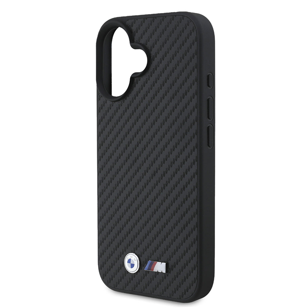Apple iPhone 16 Kılıf BMW Orjinal Lisanslı Karbon Fiber Tasarımlı ve Metal Logolu PU Deri Kapak Siyah