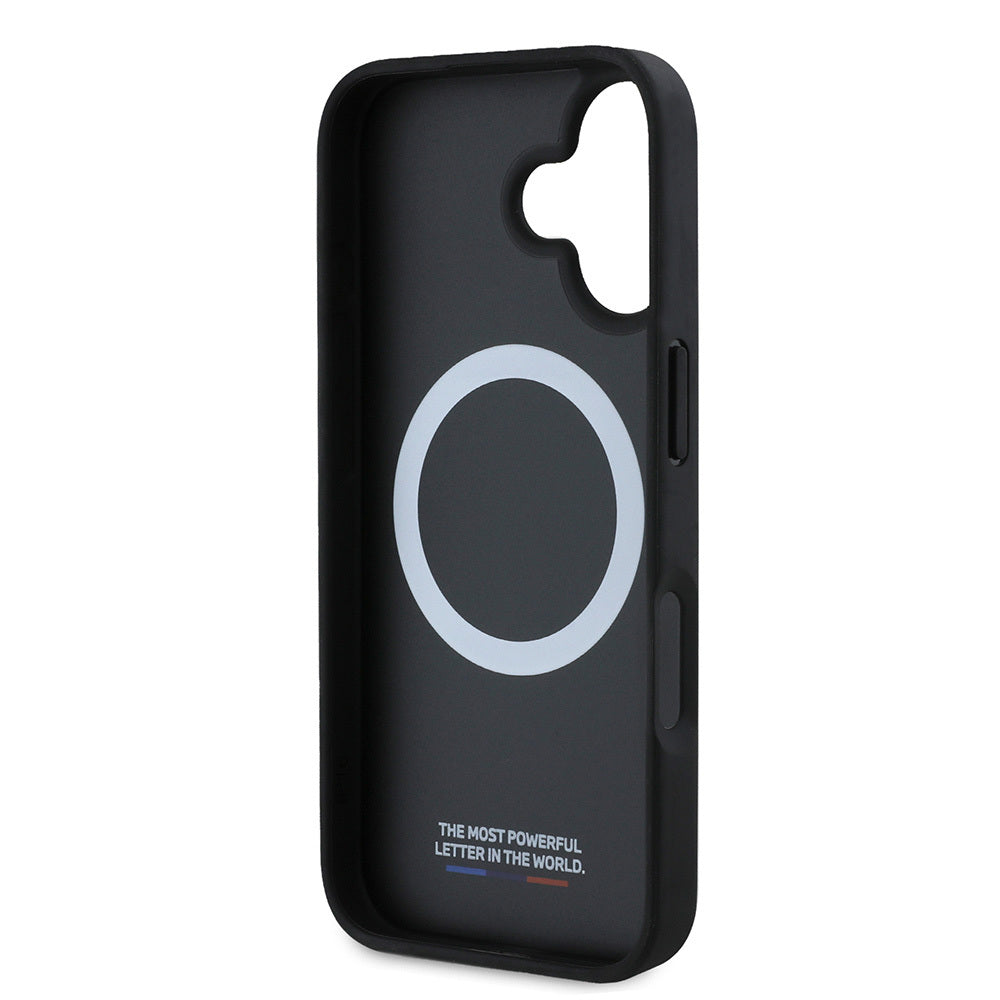 Apple iPhone 16 Case BMW Original Licensed M-Safe Charging Feature M Logo Three Striped Perforated Leather Cover Black
