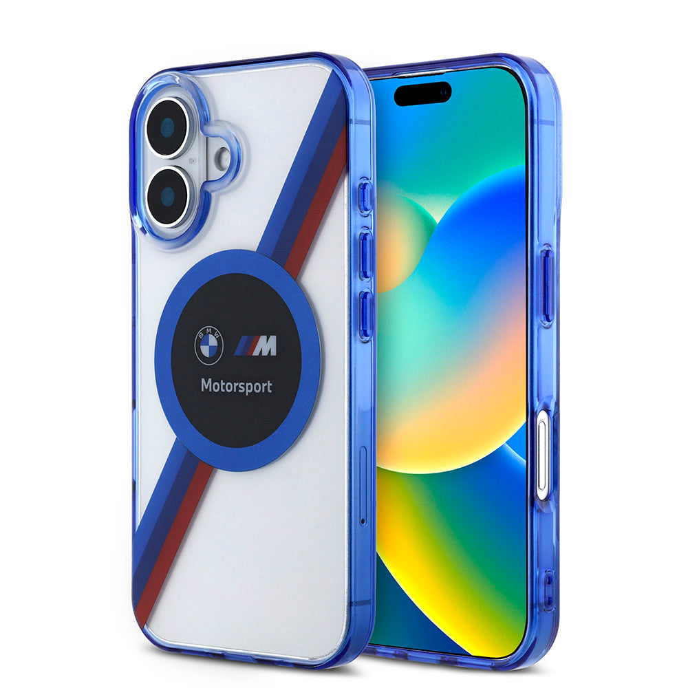 Apple iPhone 16 Case BMW Original Licensed M-Safe Charging Feature M Logo Three Color Striped Motorsport Circle Transparent Cover