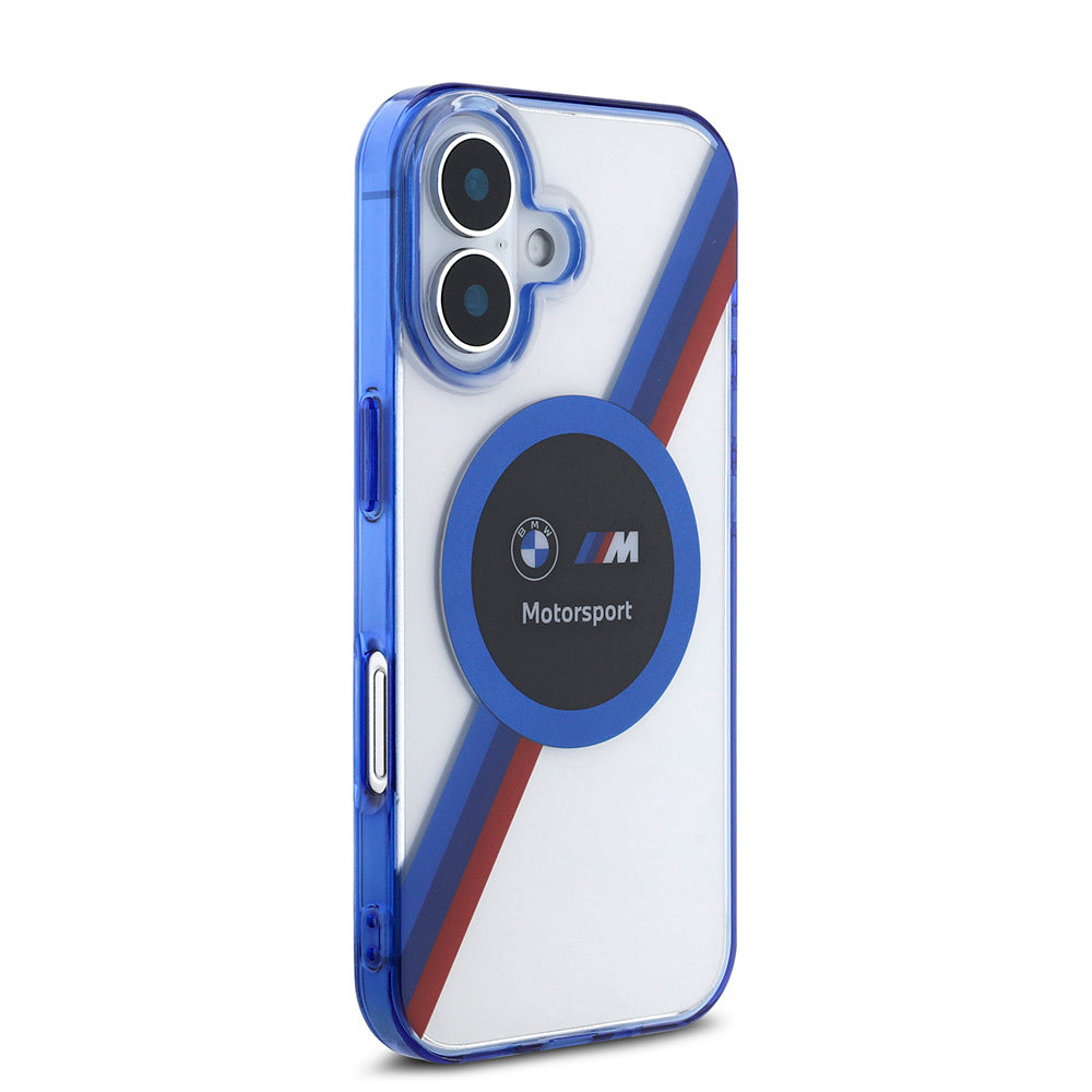 Apple iPhone 16 Case BMW Original Licensed M-Safe Charging Feature M Logo Three Color Striped Motorsport Circle Transparent Cover