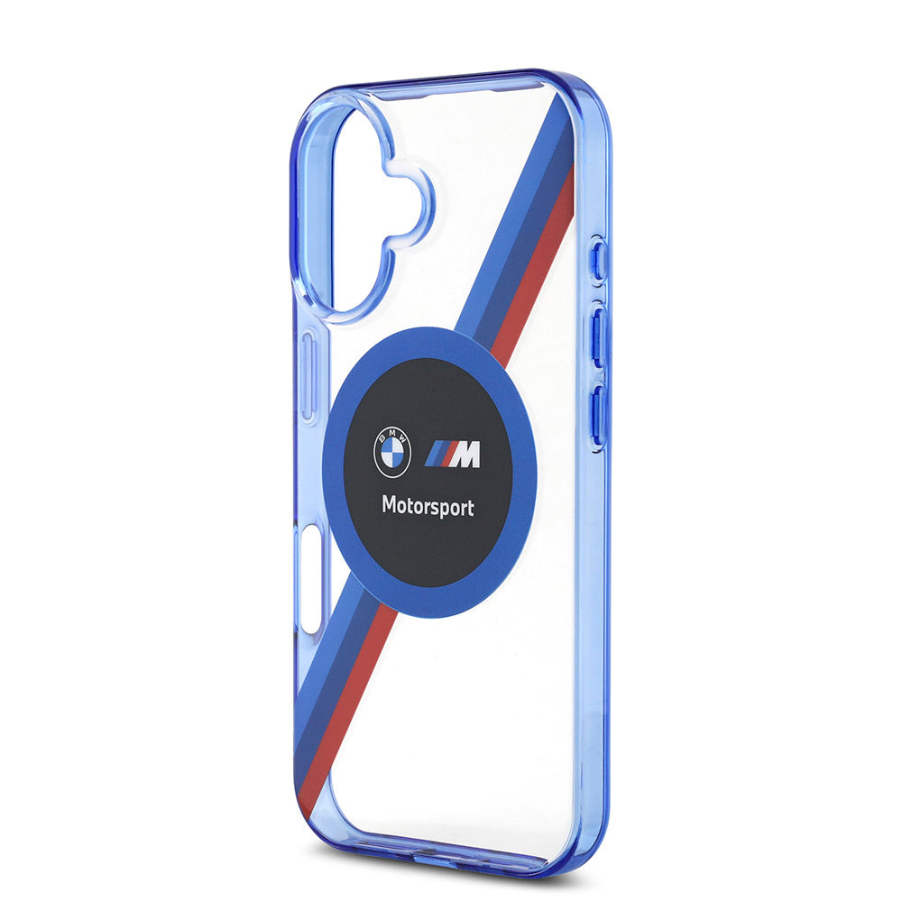 Apple iPhone 16 Case BMW Original Licensed M-Safe Charging Feature M Logo Three Color Striped Motorsport Circle Transparent Cover