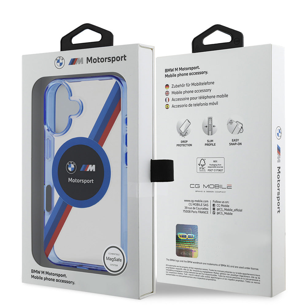 Apple iPhone 16 Case BMW Original Licensed M-Safe Charging Feature M Logo Three Color Striped Motorsport Circle Transparent Cover