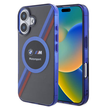 Apple iPhone 16 Kılıf BMW Orjinal Lisanslı M Logolu Üç Renk Çizgili Motorsport Circle Kapak Siyah