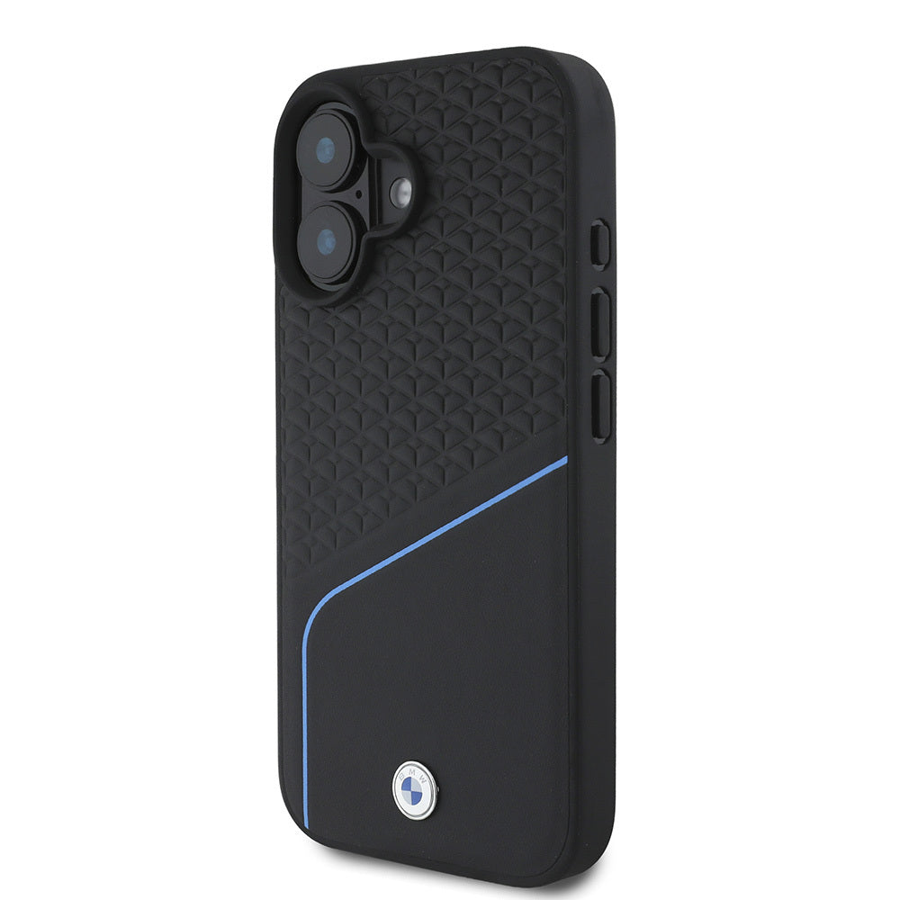 Apple iPhone 16 Case BMW Original Licensed M-Safe Charging Feature Metal Logo Textured and Striped Leather Cover Gray