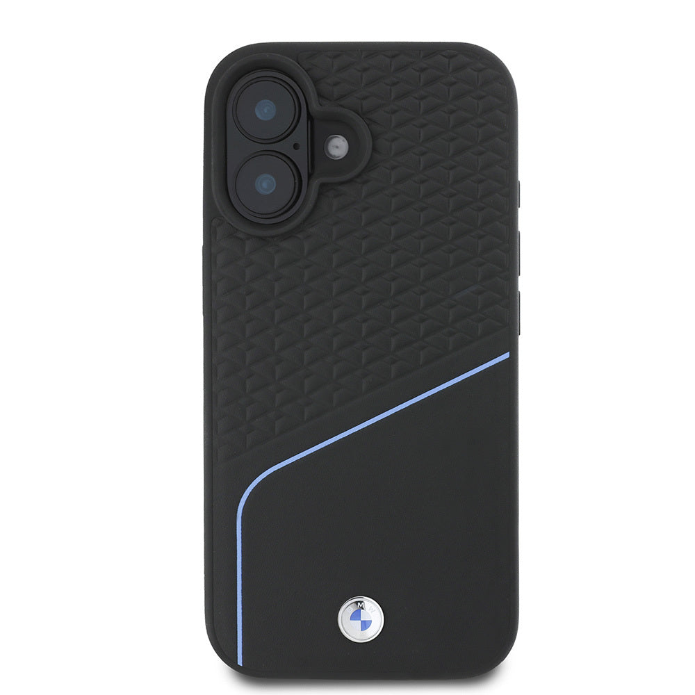 Apple iPhone 16 Case BMW Original Licensed M-Safe Charging Feature Metal Logo Textured and Striped Leather Cover Gray