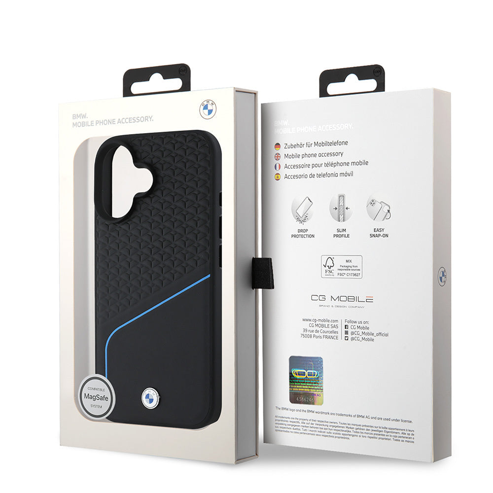 Apple iPhone 16 Case BMW Original Licensed M-Safe Charging Feature Metal Logo Textured and Striped Leather Cover Gray