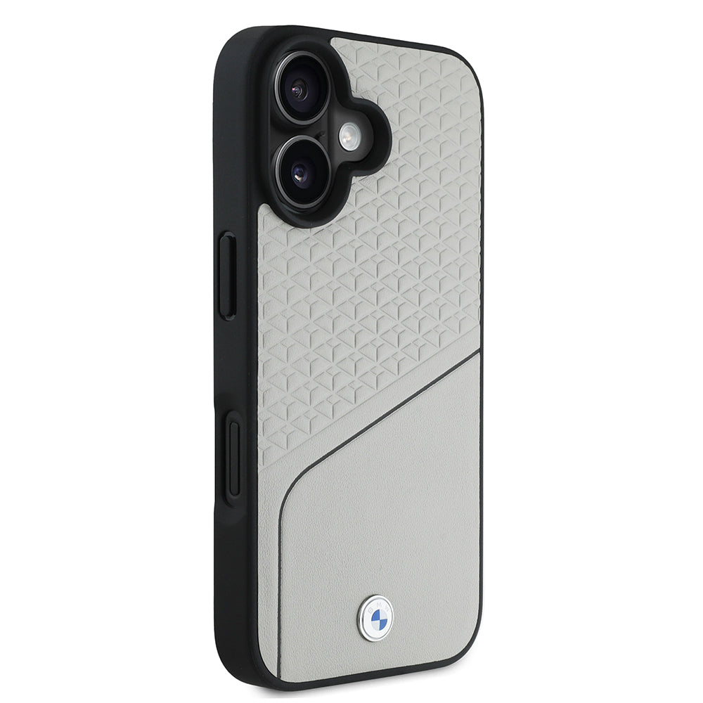 Apple iPhone 16 Case BMW Original Licensed M-Safe Charging Feature Metal Logo Textured and Striped Leather Cover Gray