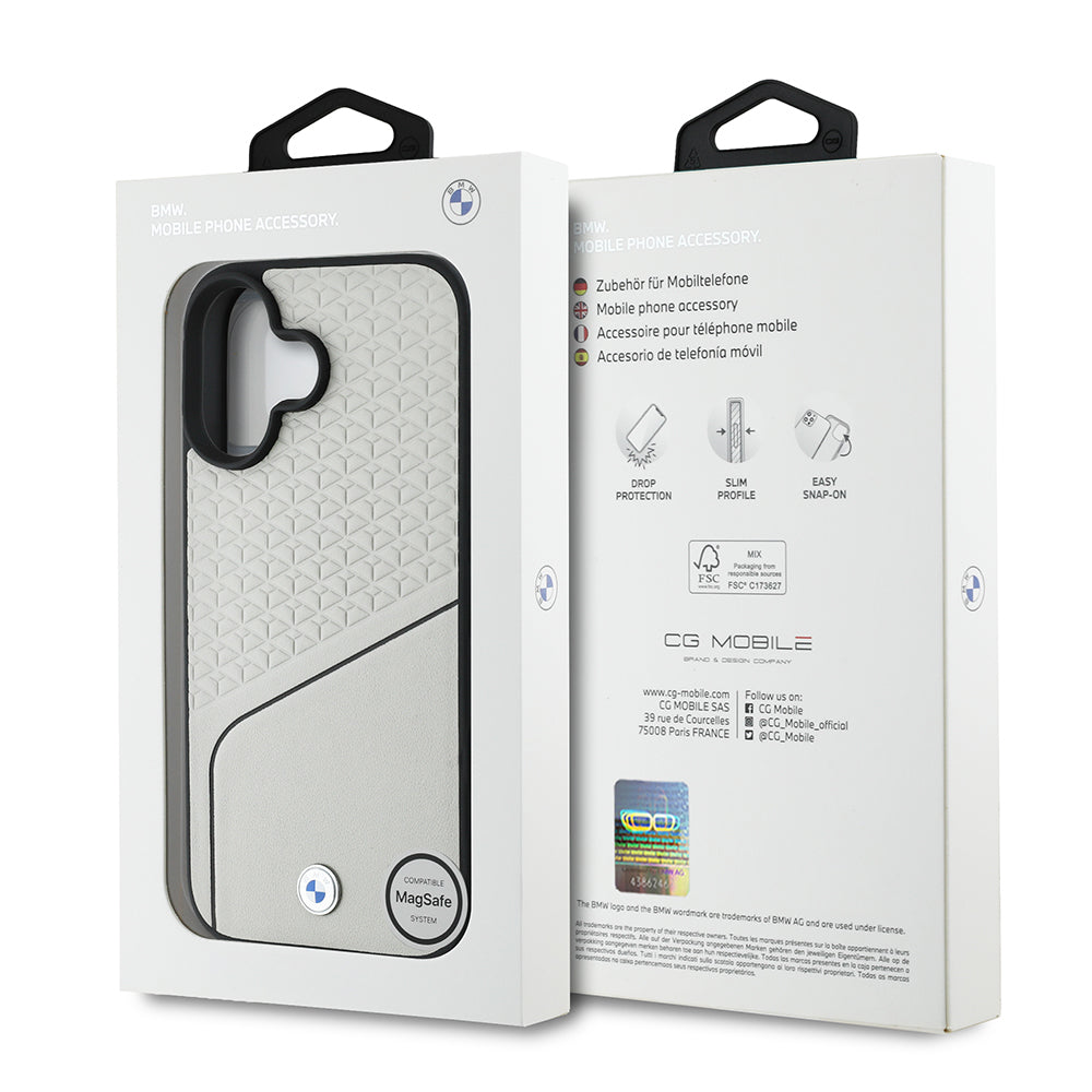 Apple iPhone 16 Case BMW Original Licensed M-Safe Charging Feature Metal Logo Textured and Striped Leather Cover Gray